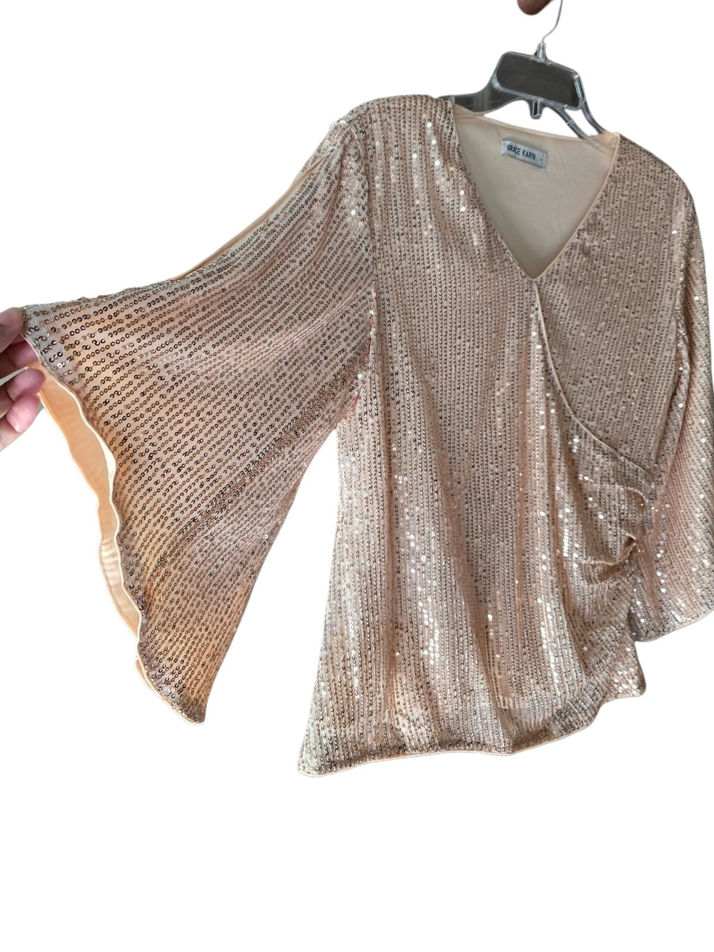 Grace‎ Karin Blouse Size Large Women's Rose Gold Sequin V-Neck Wrap Top